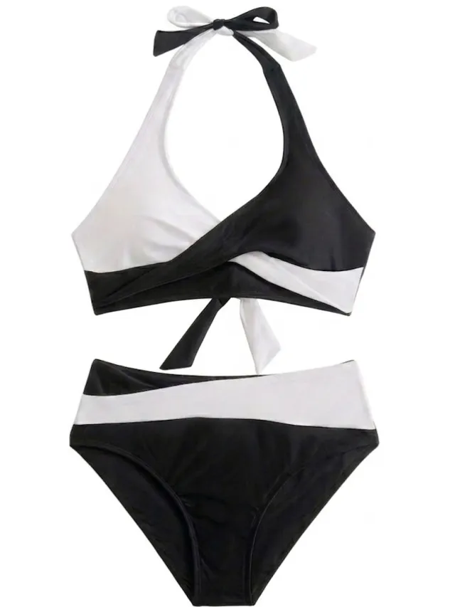 NUVEX Zwart wit bikini set dames halter bikini zwempakset met gekruiste rug en split ontwerp hoge taille bikini broekje 2 delige strandkleding vakantie zwemkleding