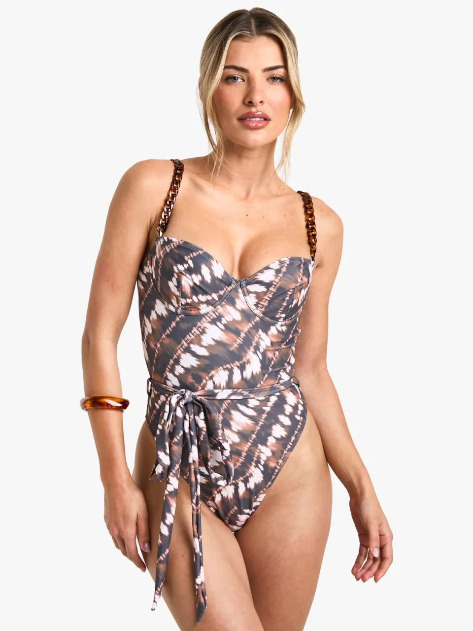 boohoo Dames Tie Dye Print Kettingband Tie Front Onderbeugelde Badpak multicolor, foto 3
