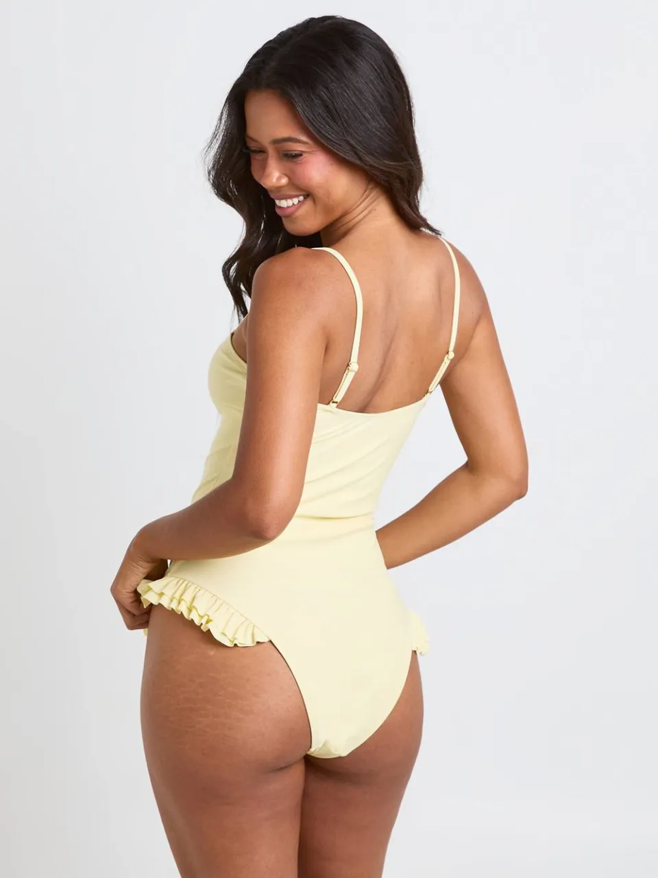 boohoo Dames Badpak Met Vierkante Hals En Ruche Detail citroen, foto 2
