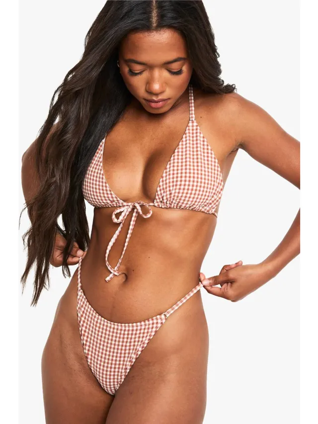 boohoo Dames Seersucker Gingham Tanga Bikini Slip Chocoladebruin