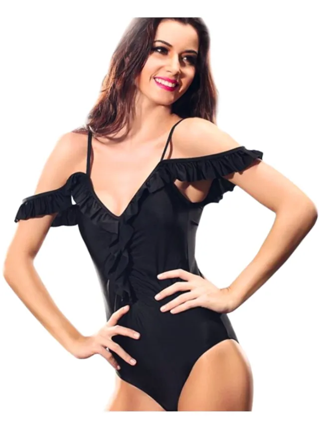 Sapphire Monokini Badpak - Zwart - Wyszczuplający - Elegante Falbanka - Comfortabel
