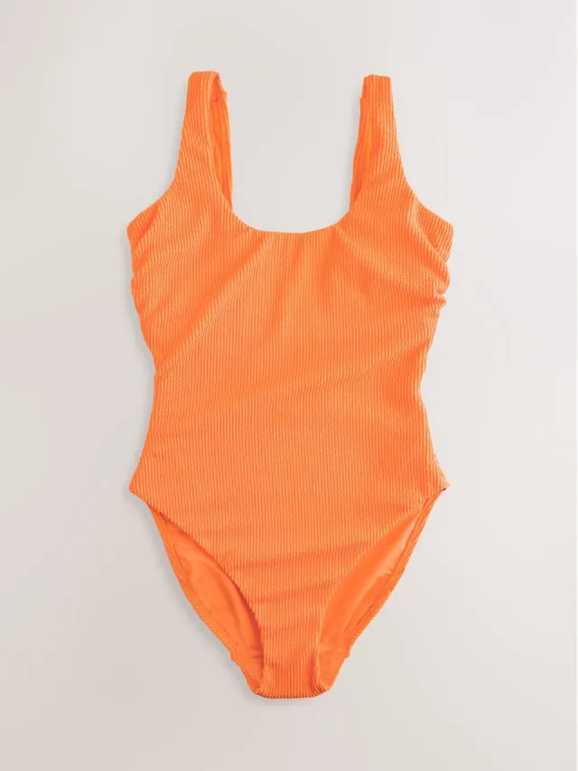 Next Dames - Buikbedekkend DD+ badpak met ruime ronde hals - Oranje Mango Orange Crinkle