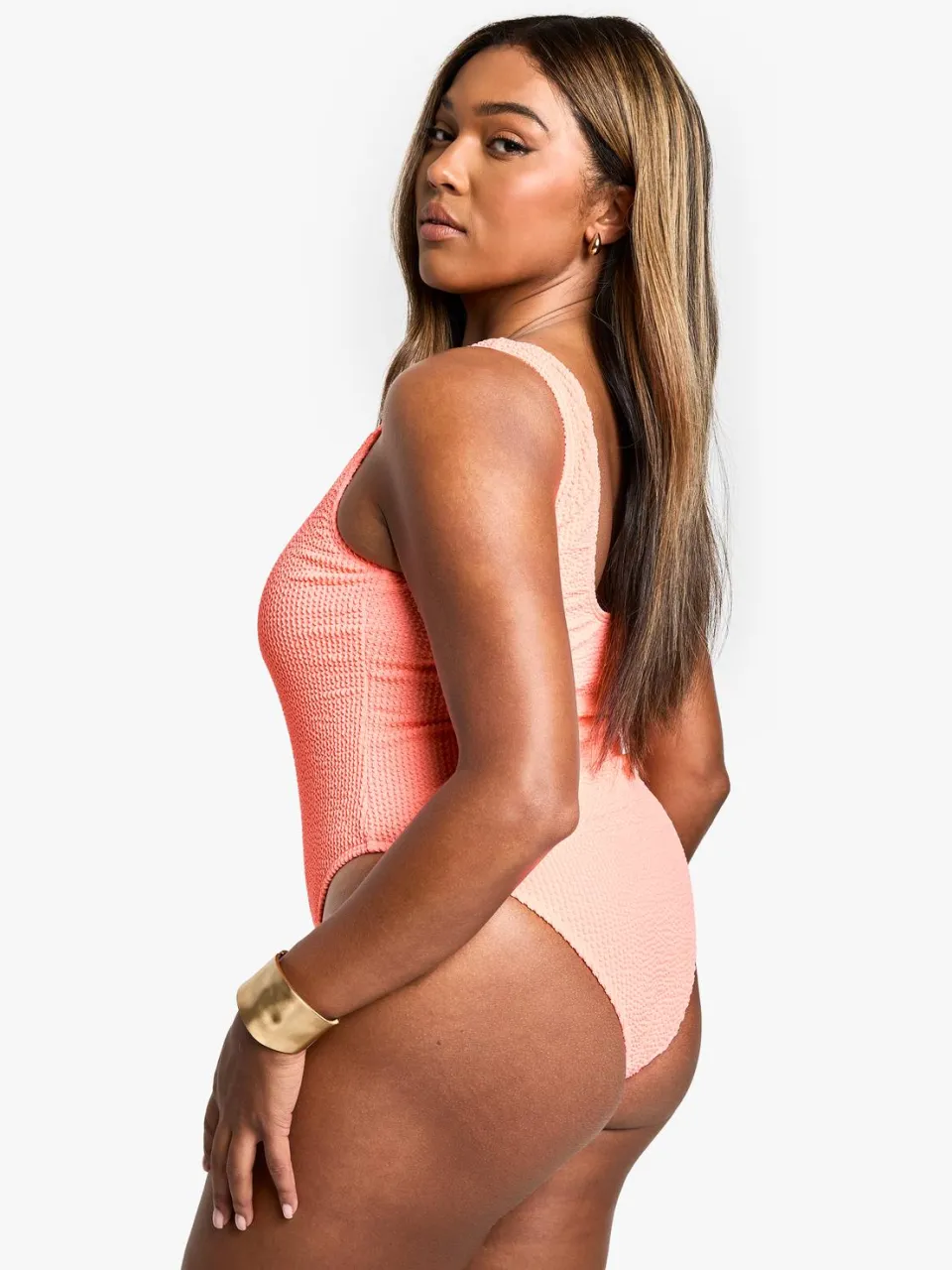 boohoo Dames Plus Crinkle Tummy Control Badpak koraal, foto 2