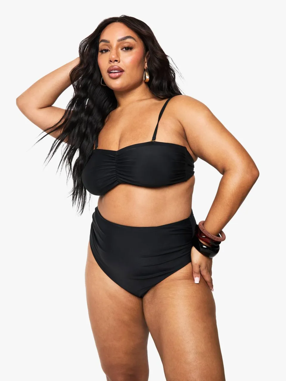boohoo Dames Plus gerimpelde afneembare bandriem bandeau bikini top zwart, foto 2