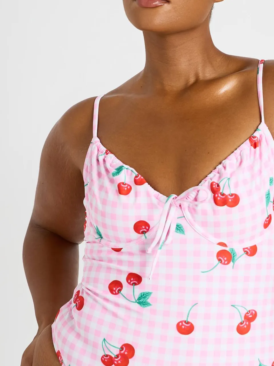 boohoo Dames Plus Kersen Ruitjes Print Beugel Plunge Badpak roze, foto 3