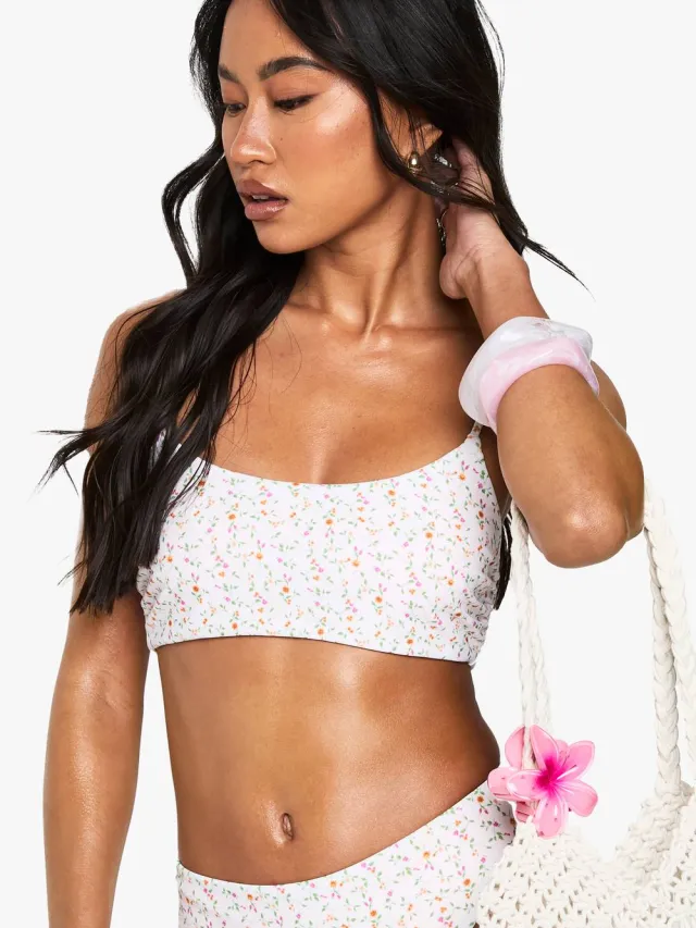 boohoo Dames Reversibele Ditsy Floral Bikini Top met Scoop-Hals Oranje