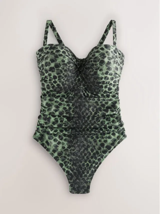 Next Dames - Buikcorrigerend F-K bandeaubadpak met beugel voor ultieme ondersteuning - Groen Green/Black Leopard Print