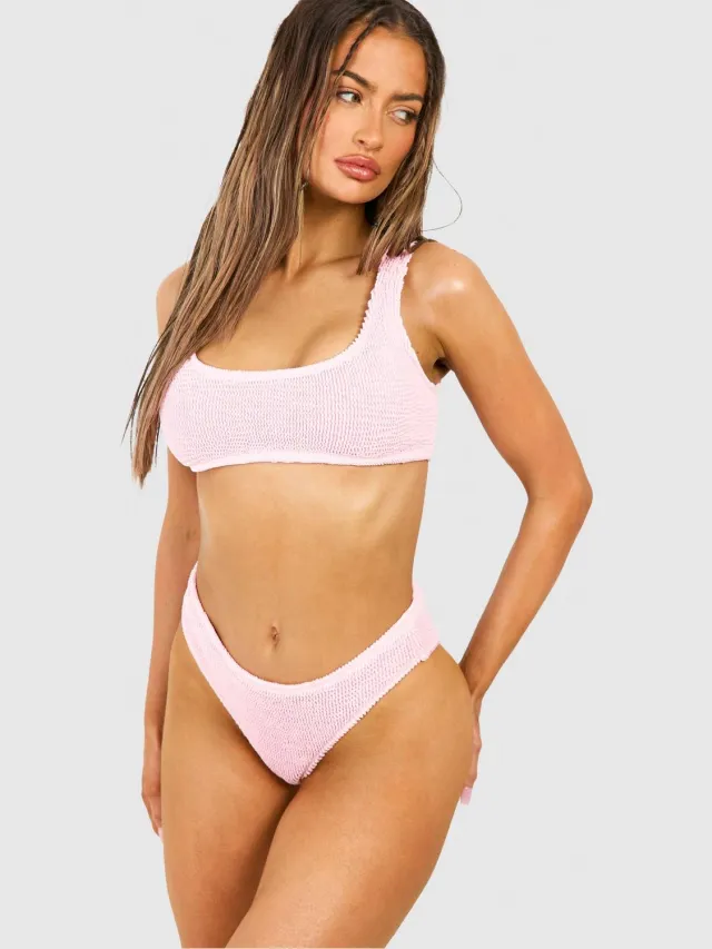 boohoo Dames Premium Crinkle Scoop Bikini Top Pastelroze