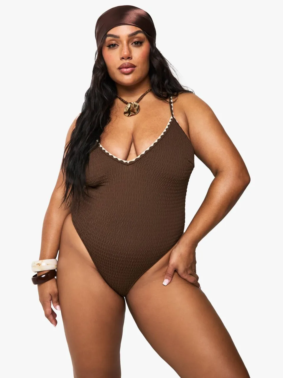 boohoo Dames PLUS CONTRAST STITCH SCOOP BADPAK chocoladebruin, foto 5